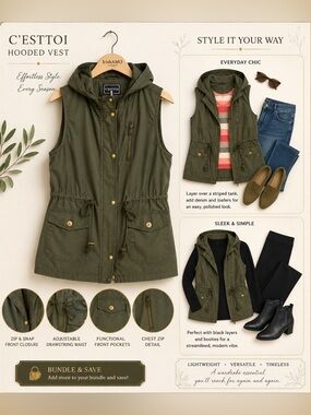 C’Esttoi Sleeveless Hooded Utility Vest - Olive Green | Size Large